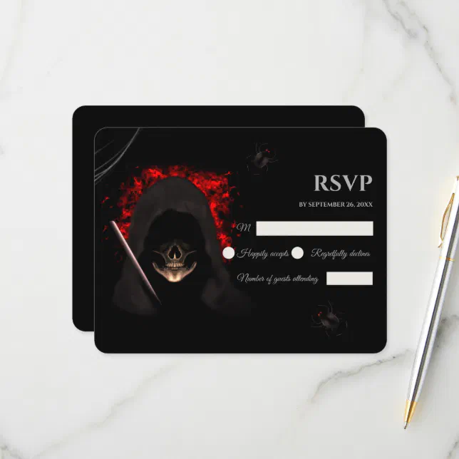 Scary dark moody gothic skull halloween spiders RSVP card