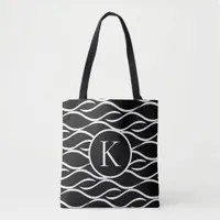 Black and White Wave with Custom Monogram Tote Bag