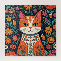 Whimsical Folk Art Cat and Flowers Jigsaw Puzzle