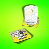 Silver Glitter on Yellow with a Cow | Beverage Coaster