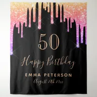 Birthday black pink gold glitter drips tapestry