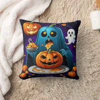 Ghost feasts on pumpkins during Halloween night Throw Pillow