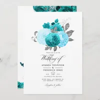Teal - Turquoise and Silver Floral Wedding Invitation