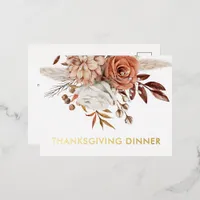 Rustic Fall Terracotta Florals Thanksgiving Dinner Foil Invitation Postcard
