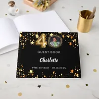 40th Birthday black gold stars photo Guest Book
