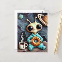 Alien in Blue PJs with a Coffee and Bagel Postcard