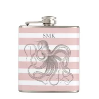 Vintage Octopus Nautical Pink Stripes Monogram Flask