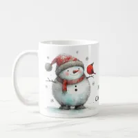 Cute Snowman and Cardinal Red Bird Coffee Mug