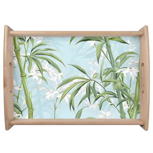 Modern Bamboo Pattern Flower Blue & Green Serving Tray