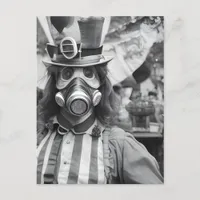 Retro Woman in a Gas Mask at a Carnival Postcard