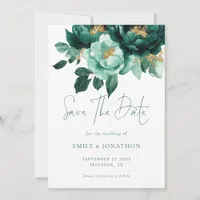 Emerald Gold Florals QR Code Wedding Save The Date
