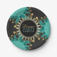 Teal Black Gold Fractal Swirl Dinner Party Invite Paper Plates