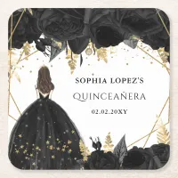 Rustic Black Gold Floral Princess Quinceanera  Square Paper Coaster