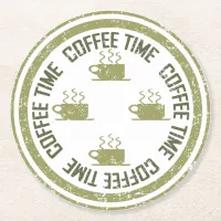 Coffee Time Green on White Round Paper Coaster