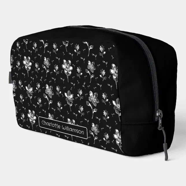 Floral Pattern Black And Silver Name Toiletry Bag