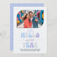 Crystal Glow Hello New Year Blue Retro Photo Holiday Card