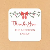 Elegant Red Bow Personalized Christmas Thank You Square Sticker