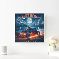 Cruising under the moonlight in a classic hot rod square wall clock