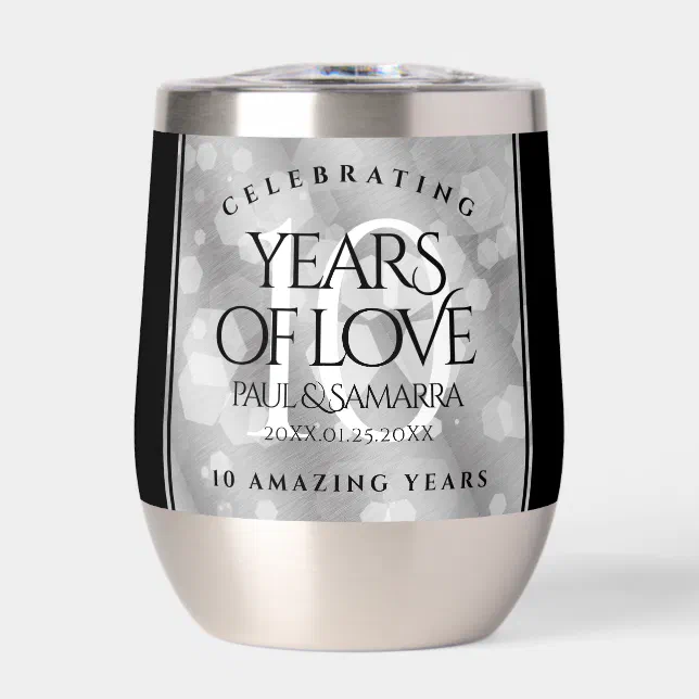 Elegant 10th Tin Wedding Anniversary Celebration Thermal Wine Tumbler