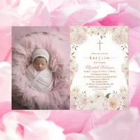 Elegant Pink Boho Floral Baptism Photo Invitation