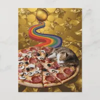 Surreal Cat on a Pizza Golden Rainbow Background Postcard