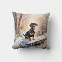 Cute Dachshund Winter Snow Watercolor Dog Breed Throw Pillow