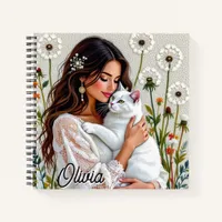 Woman and White Cat and Dandelions  Notebook