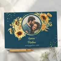 Rustic Sunflower Navy Blue Photo Gold Foil Guest Book