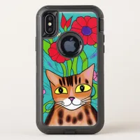 Folk Art Whimsical Cat and Flowers OtterBox Defender iPhone X Case