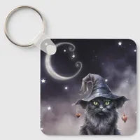 Black Halloween Cat Wearing a Witch Hat Keychain