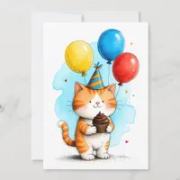Cute Orange Cat, Cupcake Kid's Happy Birthday Flat Card
