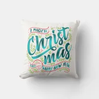 Magical Christmas Typography Teal ID441 Throw Pillow