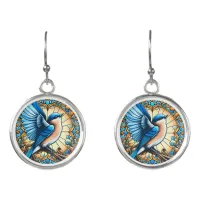 Vibrant Blue Bird Perched on Stained Glass Earrings