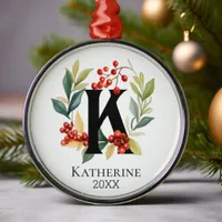 Monogram Initial Letter K Berry Wreath Christmas Metal Ornament