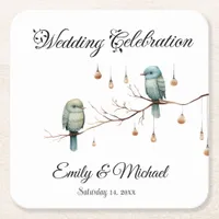 Rustic Woodland Love Birds Celebration Square Paper Coaster