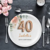 40th birthday floral rose gold eucalyptus monogram paper plates