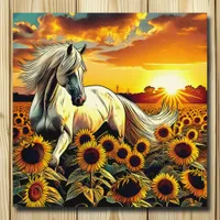 White Horse in Field of Sunflowers at Sunset Poster