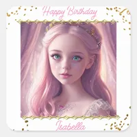 Personalized Princess Little Girl's Birthday Square Sticker