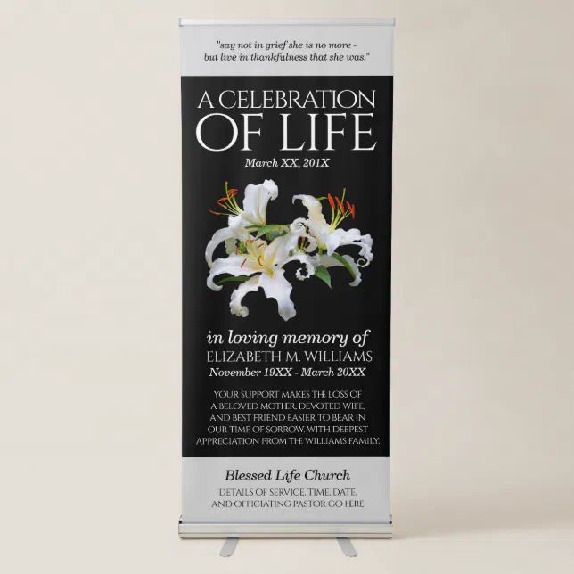 Elegant White Oriental Lilies Celebration of Life Retractable Banner