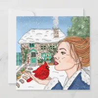 Hand Drawn English Cottage and Cardinal Holiday Card