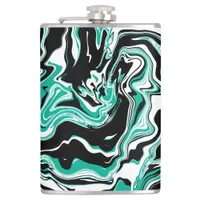 Turquoise, Black and White Marble Fluid Art    Flask