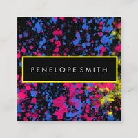 Blue Yellow Pink Black Paint Splatter  Square Business Card