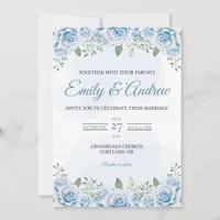 Dusty Blue Rose Elegant Floral Watercolor Wedding Invitation