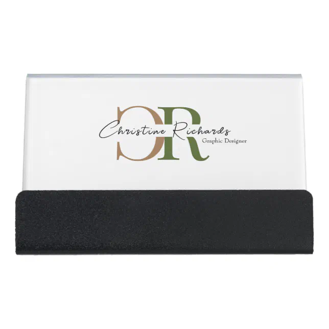 Simple Modern Olive Green Gold Monogram Desk Business Card Holder