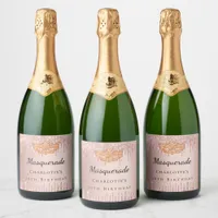 Masquerade rose gold drips birthday party sparkling wine label