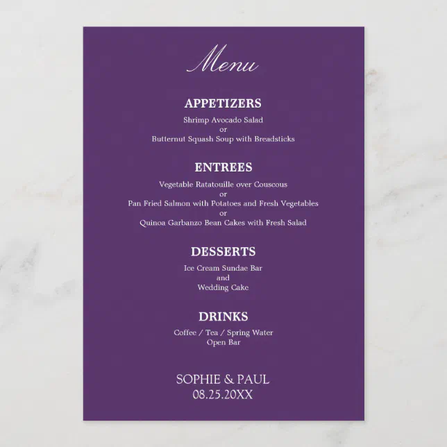 Stylish Elegant Dark Purple Wedding Menu