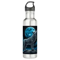 Lone Wolf and Full Moon Black and Blue Stainless Steel Water Bottle