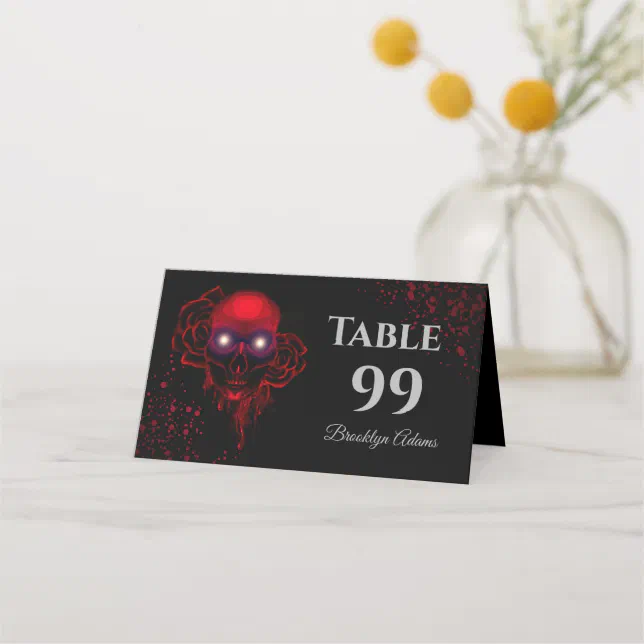 Scary Red floral dark moody gothic skull Halloween Place Card