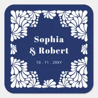 Mexican Navy Blue Talavera Wedding Square Sticker