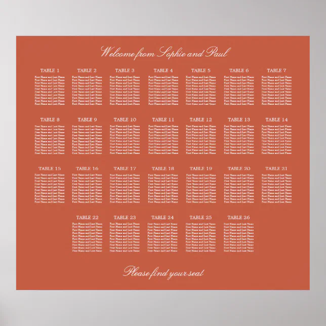 Terracotta 26 Table Wedding Seating Chart Poster